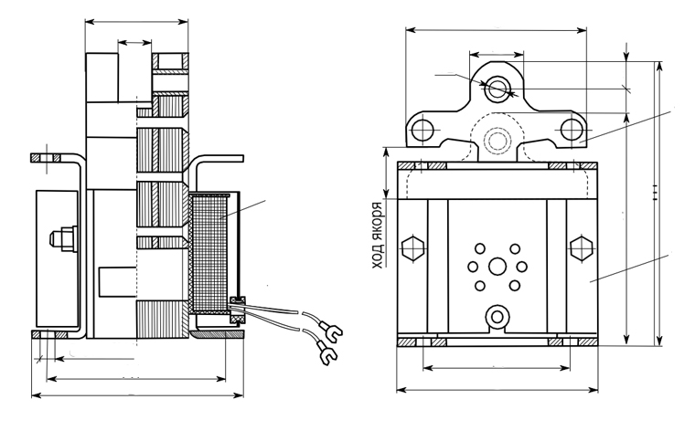 Габаритные и установочные размеры электромагнитов ЭМИС 1100