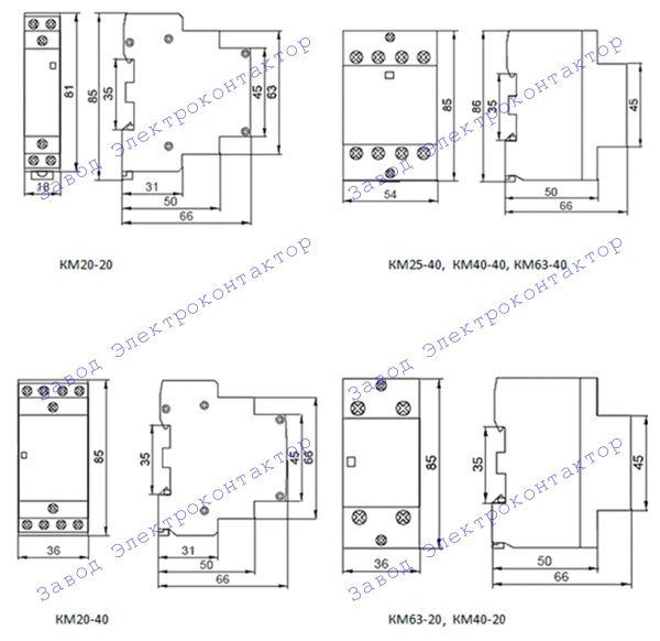 Внешний вид, габаритные, установочные и присоединительные размеры модульных контакторов КМ