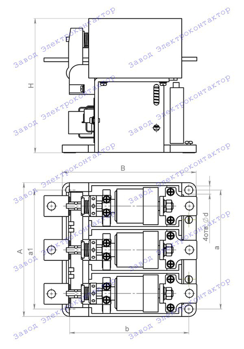 Внешний вид, габаритные, установочные и присоединительные размеры контакторов КВТ